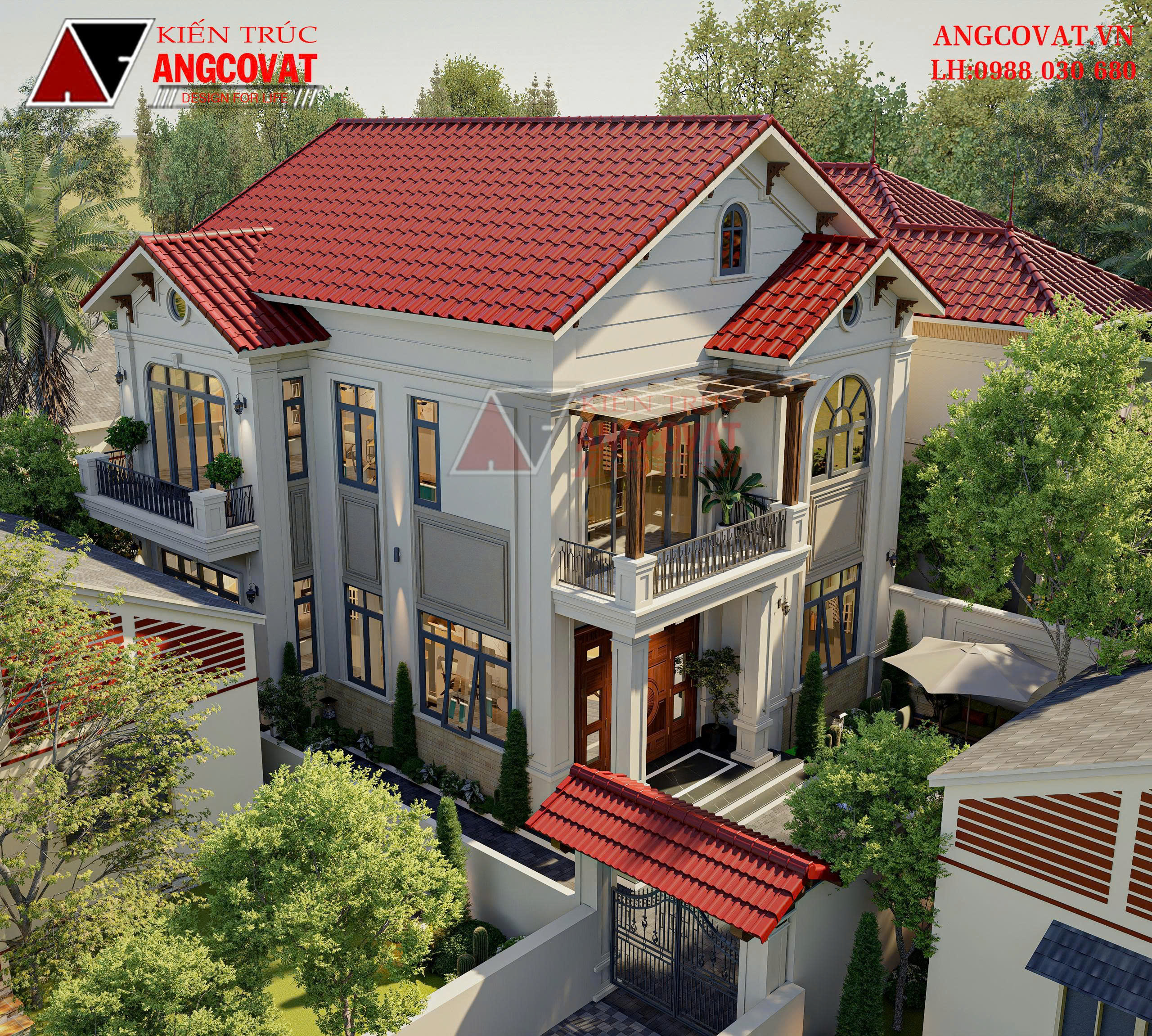 Các mảng hình khối bố trí đua thụt linh hoạt tạo chiều sâu thẩm mỹ cho mẫu nhà 2 tầng 9x12m 4 phòng ngủ