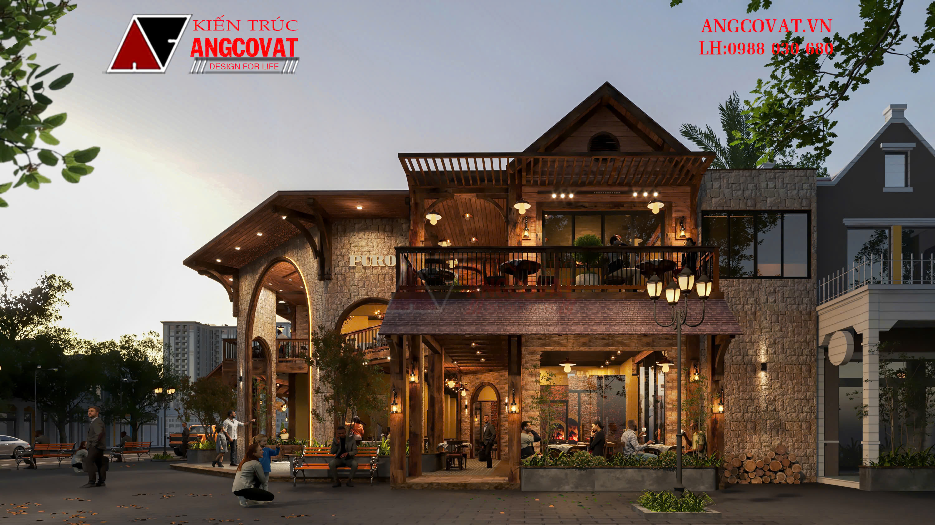 Ngoại thất nhà hàng ốp đá tự nhiên tạo sự gai góc, ấn tượng theo đặc trưng kiến trúc địa trung hải