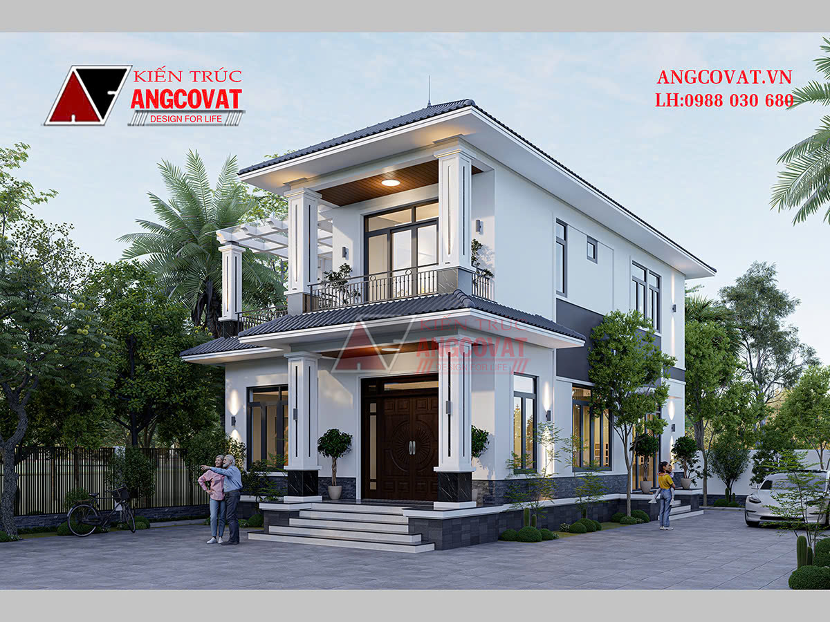 Bản vẽ nhà 8x14m 2 tầng mái nhật 5 phòng ngủ 1 phòng thờ