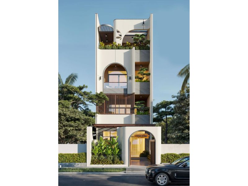 Phong cách nhà 4 tầng mặt tiền 5m nhiều cây xanh