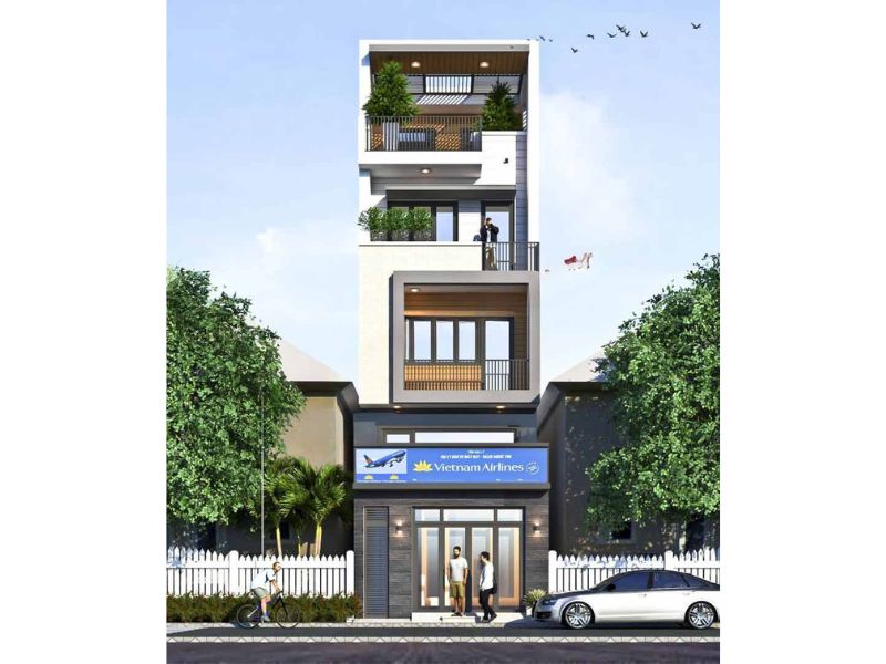 Kiến trúc nhà ống 4 tầng mặt tiền 5m kinh doanh