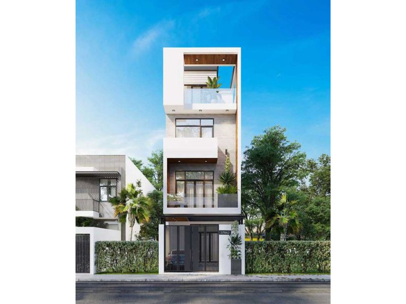 Kiến trúc nhà 4 tầng gam màu trắng hiện đại
