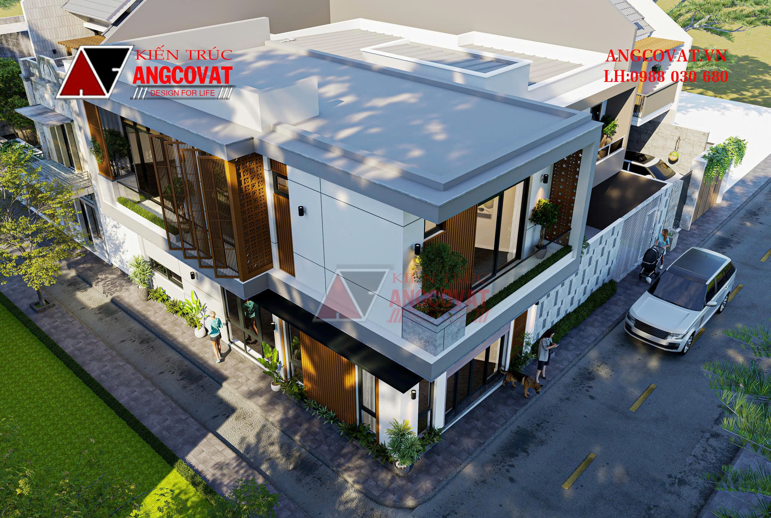 Phối cảnh từ trên cao của mẫu nhà 2 tầng 80m2