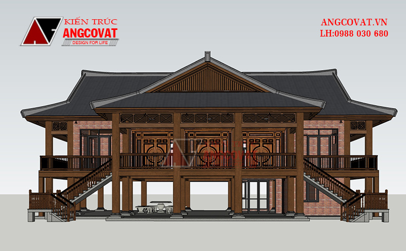 bản vẽ thiết kế chi tiết nhà sàn bê tông 2 tầng giả gỗ 200m2 mái nhật hiện đại