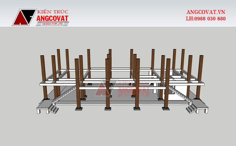 bản vẽ thiết kế chi tiết nhà sàn bê tông 2 tầng giả gỗ 200m2 mái nhật hiện đại