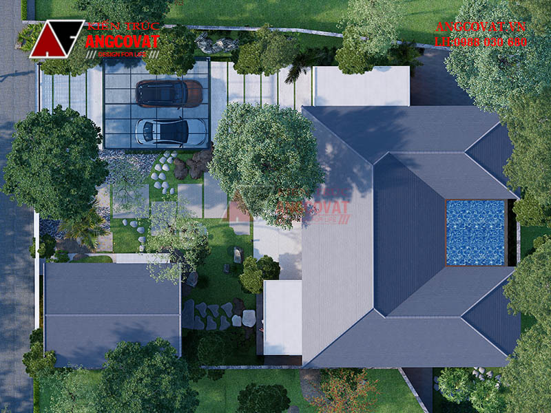 KTS angcovat tư vấn thiết kế mẫu nhà vườn 1 tầng rộng 220m2 4 phòng ngủ ở quê