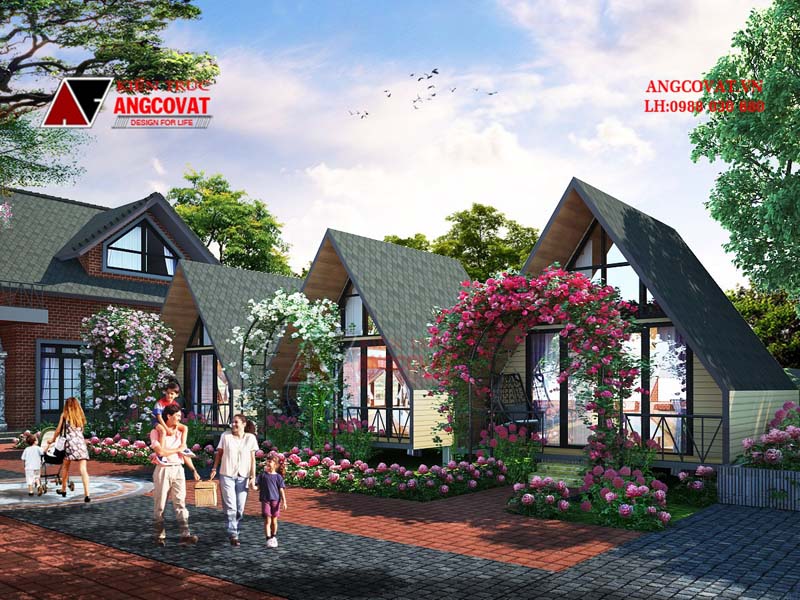 bản vẽ phối cảnh mẫu thiết kế bungalow trong khu nghỉ dưỡng tại Sóc Sơn
