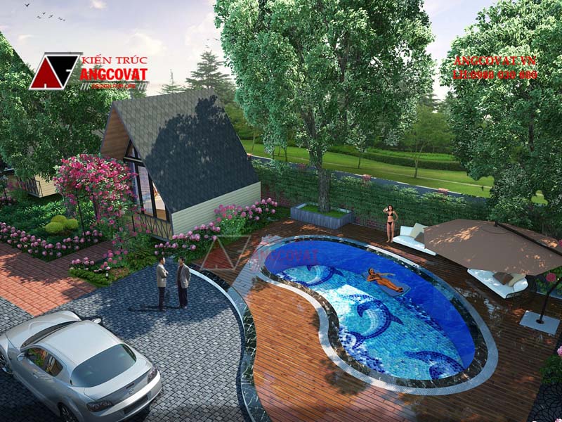 thiết kế bungalow trong khu nghỉ dưỡng có hồ bơi đẳng cấp