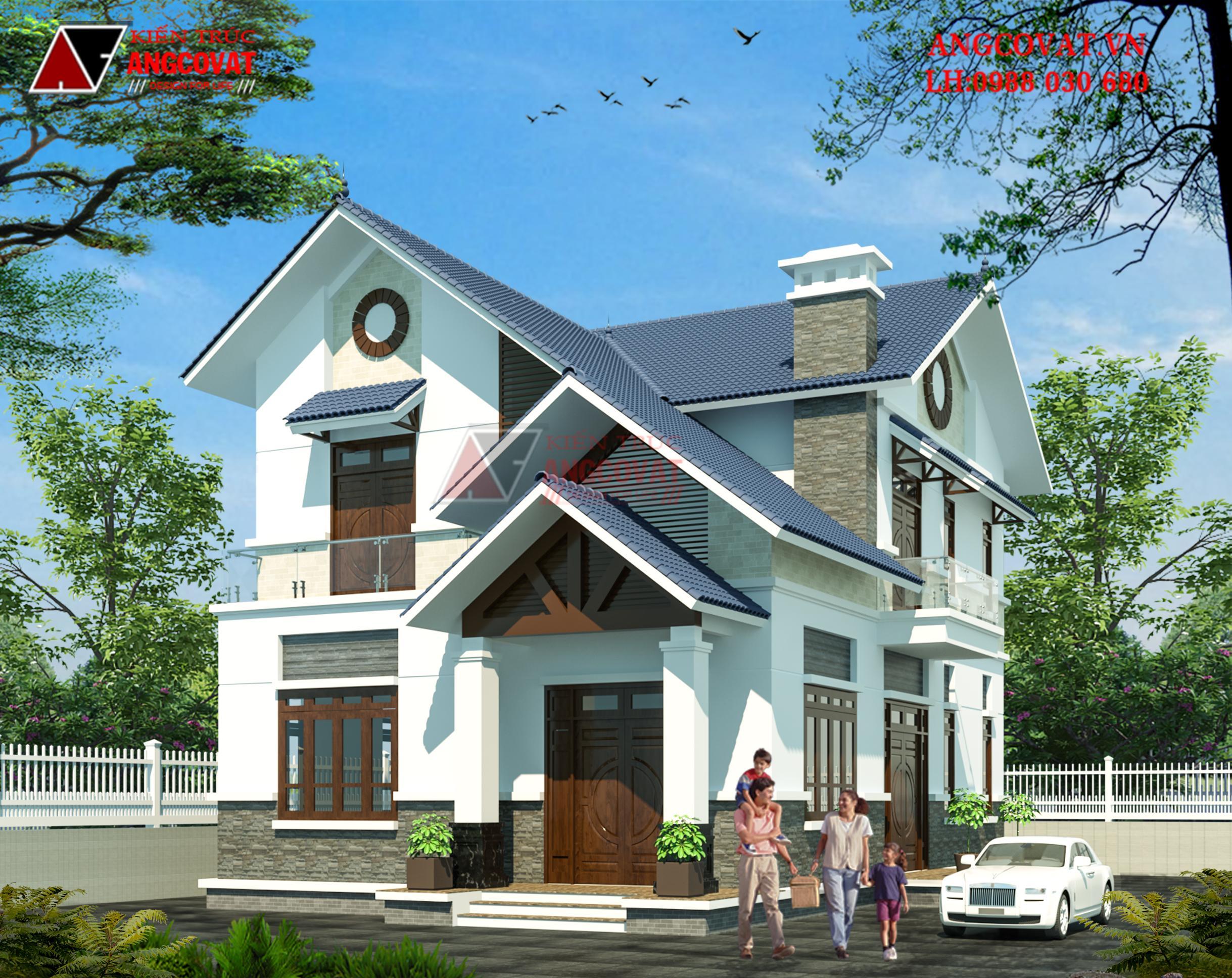 Bản vẽ thiết kế nhà 2 tầng mái thái mặt tiền 10m hiện đại 100m2 ở Thái  Nguyên BT529050 - Kiến trúc Angcovat