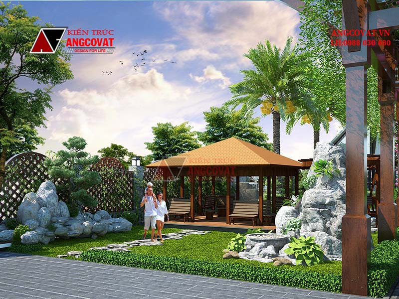 xây nhà kiểu bungalow nghỉ dưỡng có chòi gác, cảnh quan sân vườn rộng 630m2