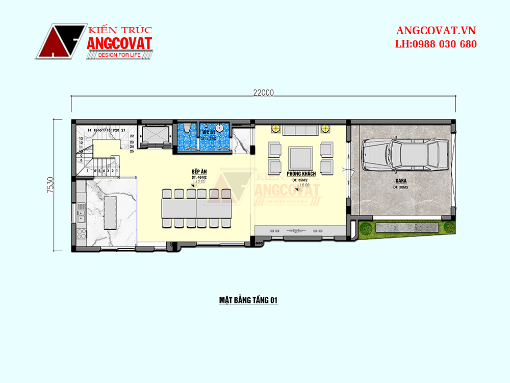 mặt bằng tầng 1 mẫu nhà tân cổ điển 3 tầng mặt tiền 7m