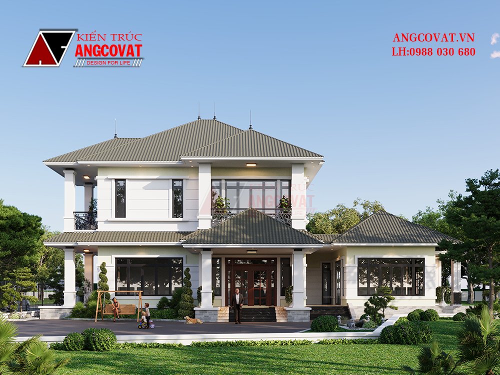 Vẻ ngoài bề thế của mẫu biệt thự 10x25m mái Nhật hiện đại