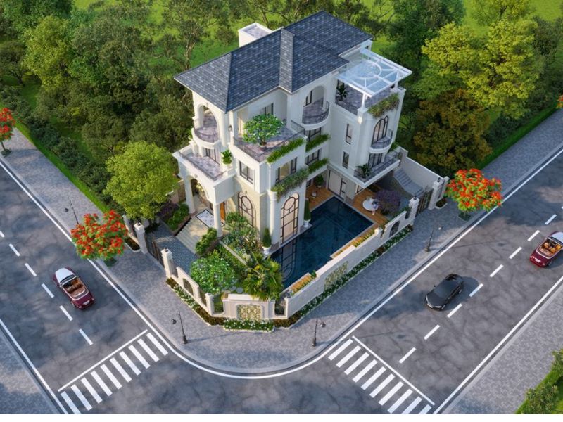 Thiết kế biệt thự 10x25m mái Nhật 4 tầng trắng thanh lịch có bể bơi