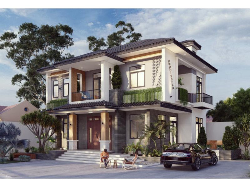 Vẻ ngoài ấn tượng của mẫu biệt thự 10x25m mái Nhật 2 tầng