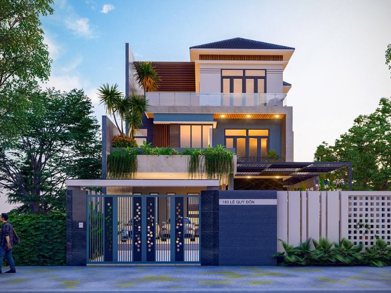 Mẫu biệt thự 10x25m mái Thái 3 tầng đẹp hiện đại