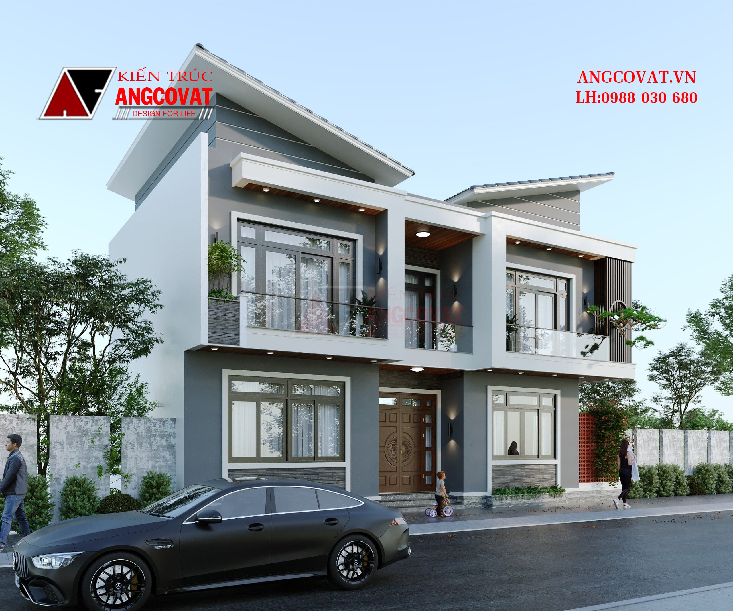 Thiết kế biệt thự 10x25m 2 tầng mái lệch đẹp hiện đại