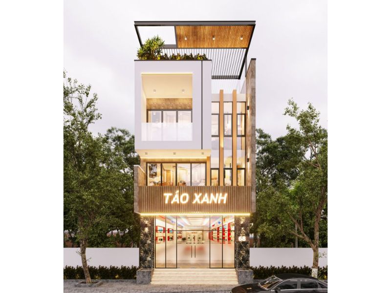 Ngoại thất nhà mặt tiền 10m sang trọng có không gian kinh doanh tầng 1 & 2 rộng rãi