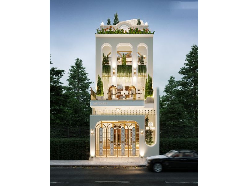 Kiến trúc vòm thanh thoát kết hợp các mảng xanh tự do tạo nên không gian kinh doanh ấn tượng 