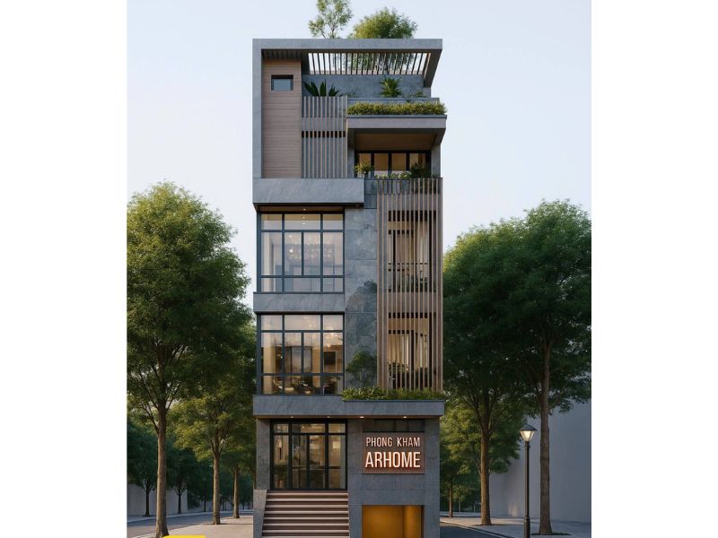 Hệ lam chắn nắng kết hợp kính cường lực tạo điểm nhấn hiện đại và bảo vệ mặt tiền.