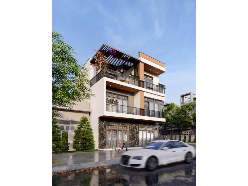 Mẫu nhà mặt tiền 10m có tầng 1 kinh doanh ốp đá cao cấp sạch sẽ, hiện đại 