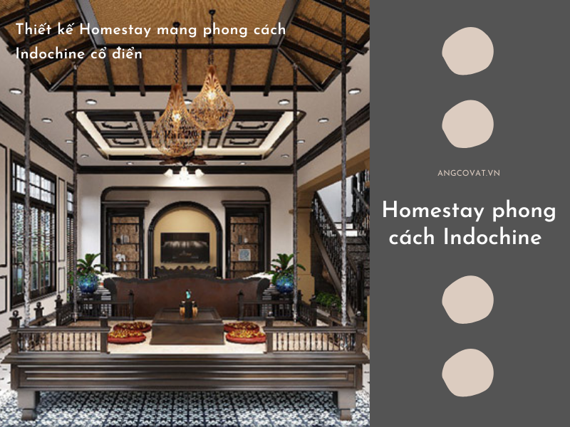 Phối cảnh nội thất 1 mẫu thiết kế homestay phong cách Indochine cổ điển