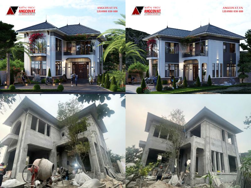 Hình ảnh thi công trọn gói mẫu nhà 2 tầng chữ L mái Nhật 10x12m 