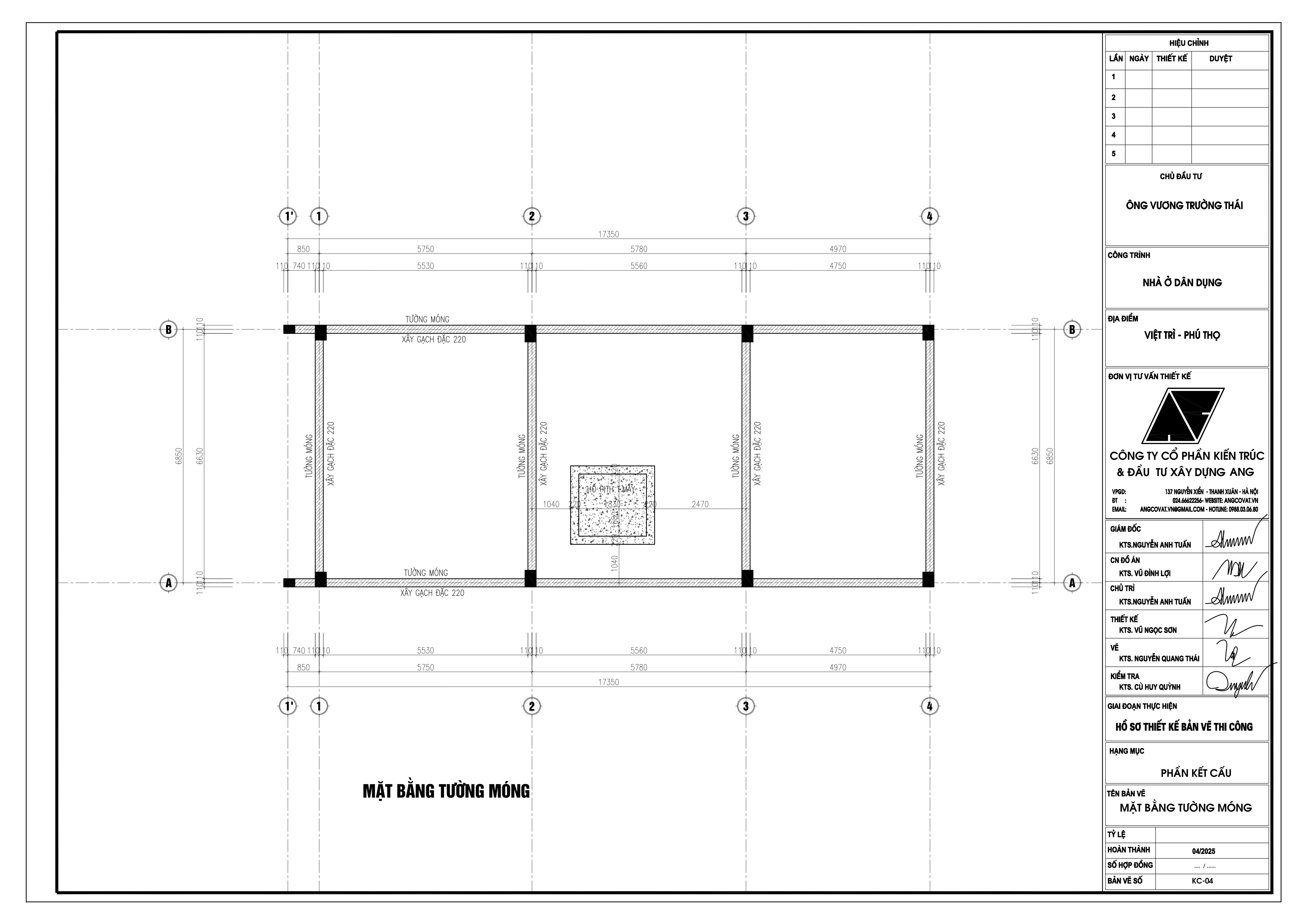Mặt bằng tường móng của nhà 4 tầng