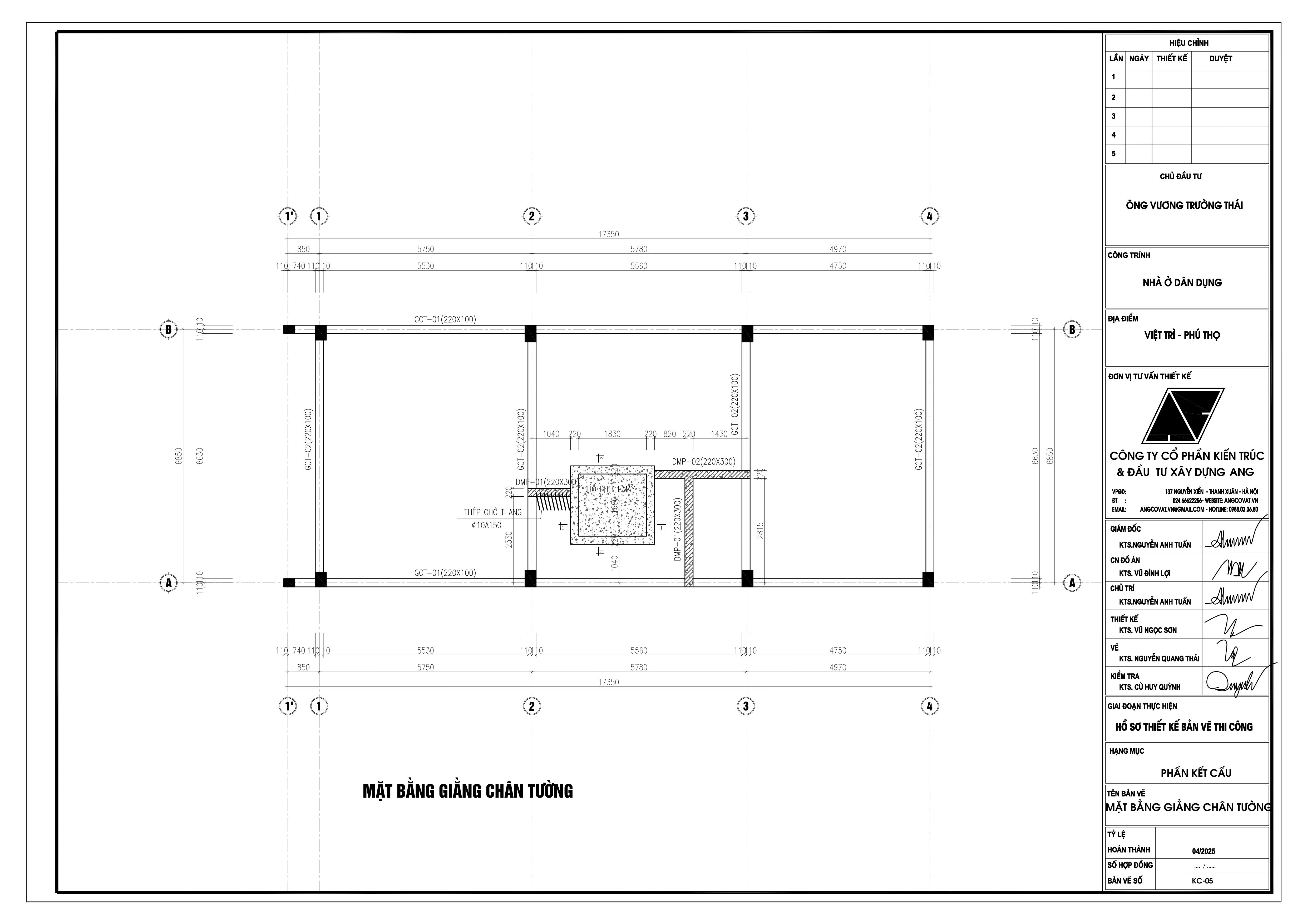 Mặt bằng giằng chân tường  khi thi công móng ép cọc nhà 4 tầng