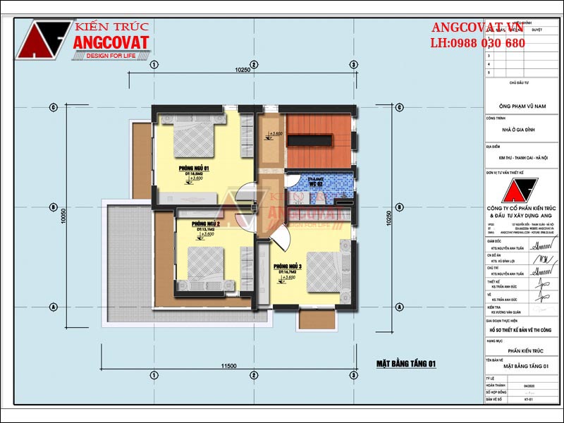 Mặt bằng tầng 2 của mẫu nhà vuông 2 tầng có sảnh gồm 3 phòng ngủ
