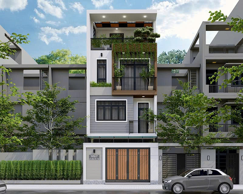 Phối cảnh ngoại thất cùng cây xanh của mẫu nhà 4 tầng