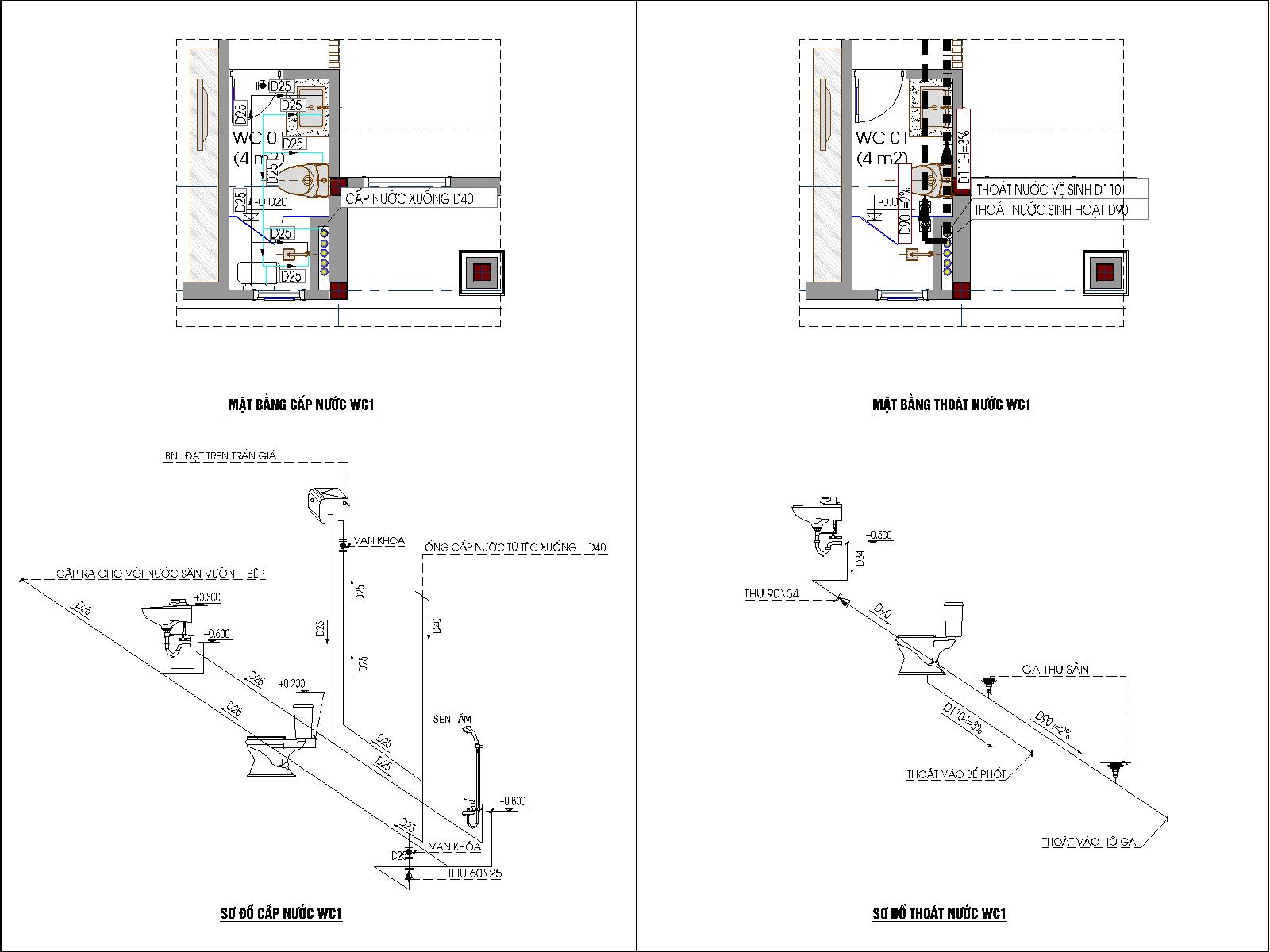 Sơ đồ cấp thoát nước wc1 của bản vẽ điện nước nhà ở dân dụng 2 tầng