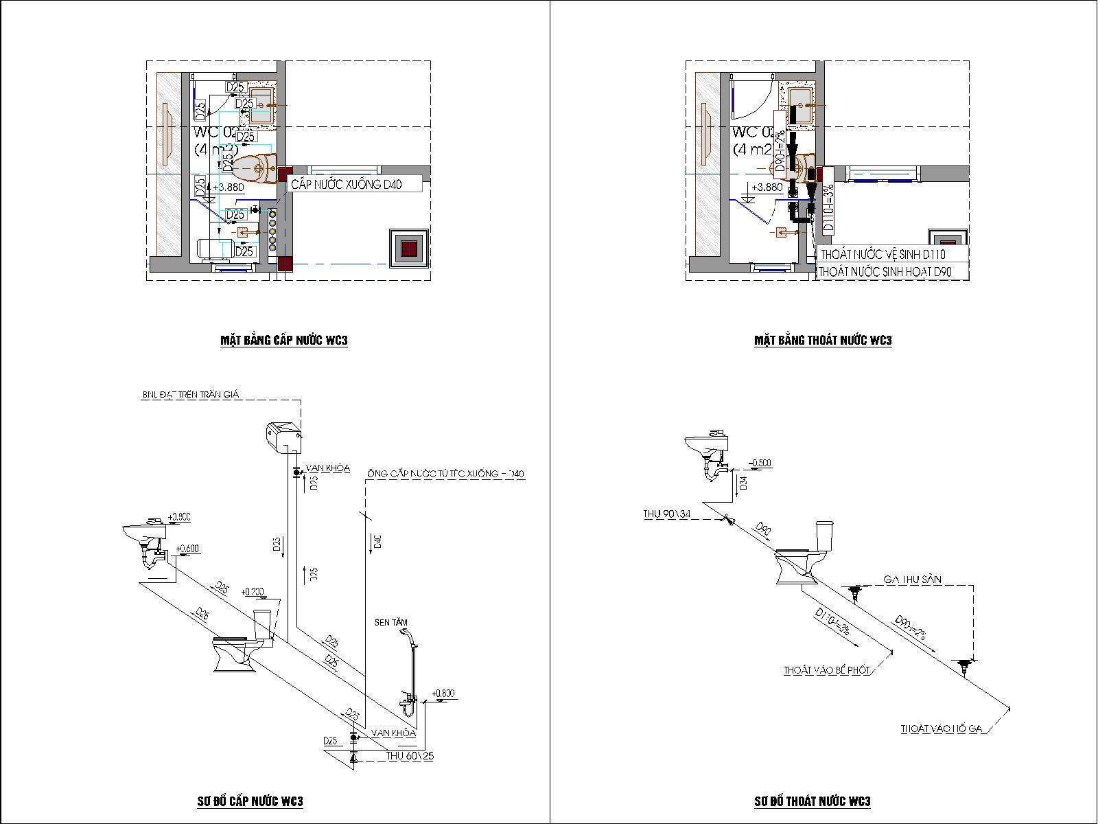 Sơ đồ cấp thoát nước wc3 của bản vẽ điện nước nhà ở dân dụng 2 tầng