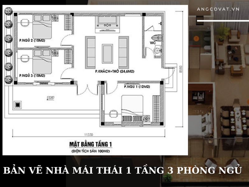Bản vẽ mặt bằng mẫu nhà mái Thái 1 tầng 3 phòng ngủ 100m2
