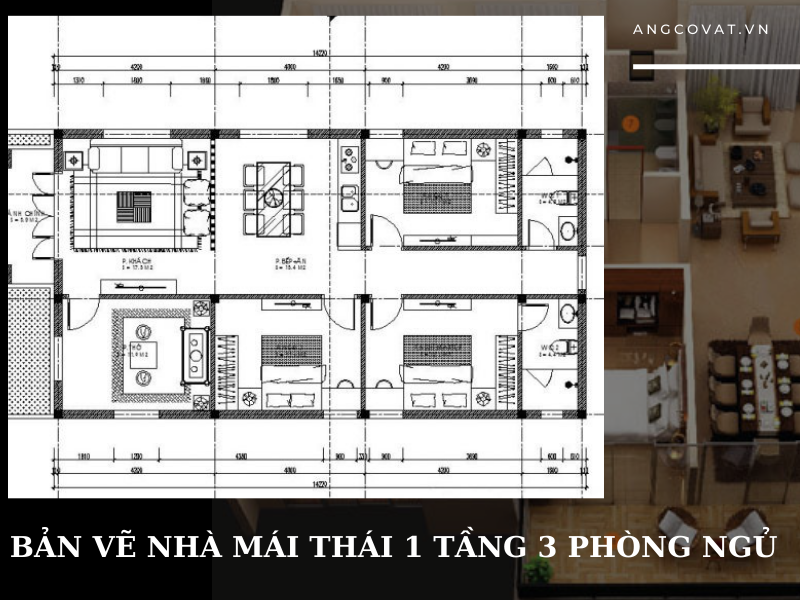 Bản vẽ mặt bằng mẫu nhà mái Thái 1 tầng 3 phòng ngủ tân cổ điển