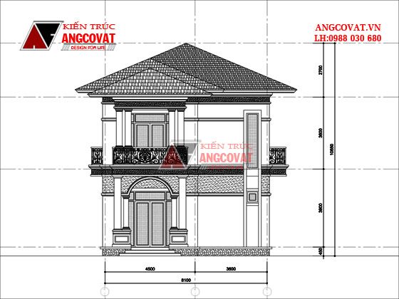 bản vẽ mặt đứng thể hiện chiều cao tầng 1 nhà 2 tầng 
