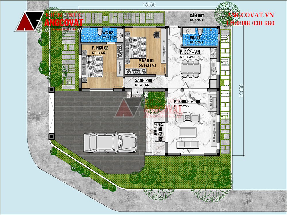 bản vẽ nhà cấp 4 chữ L 2 phòng ngủ 110m2 mái thái hiện đại ở nông thôn