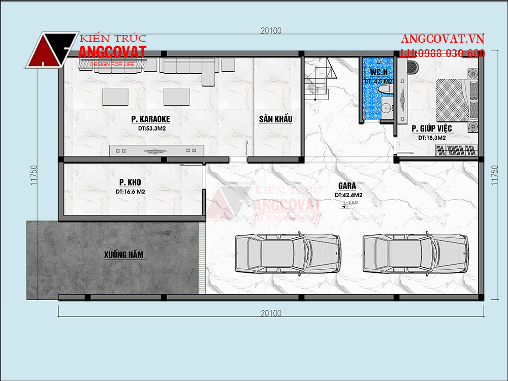 thiết kế mặt bằng biệt thự 200m2 4 phòng ngủ có tầng hầm hiện đại ấn tượng 