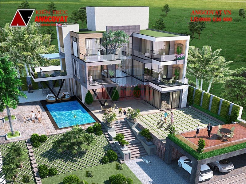 Thiết kế biệt thự hiện đại 3 tầng với bể bơi lớn