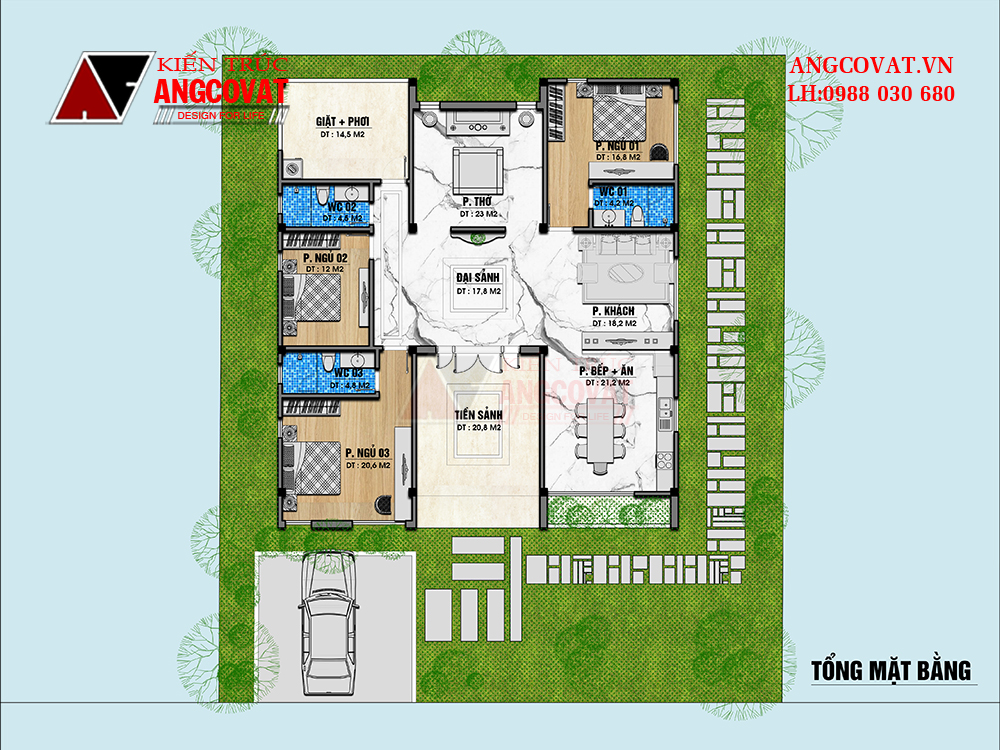 bản vẽ nhà chữ U 3 phòng ngủ 200m2