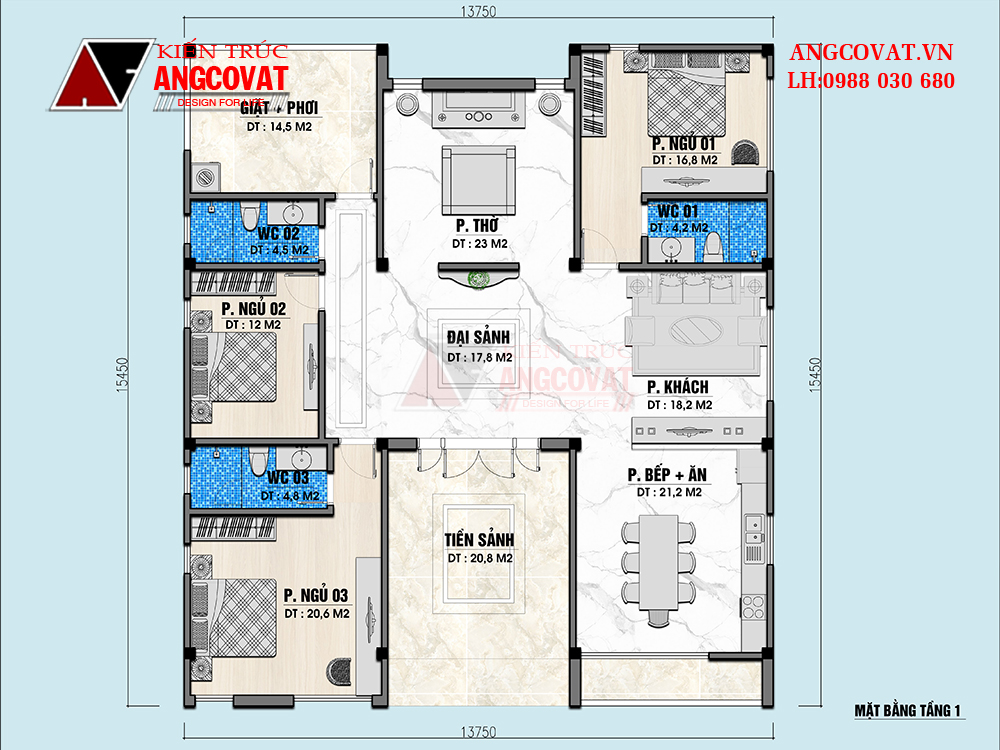 thiết kế bản vẽ nhà chữ U 3 phòng ngủ 1 phòng thờ 200m2