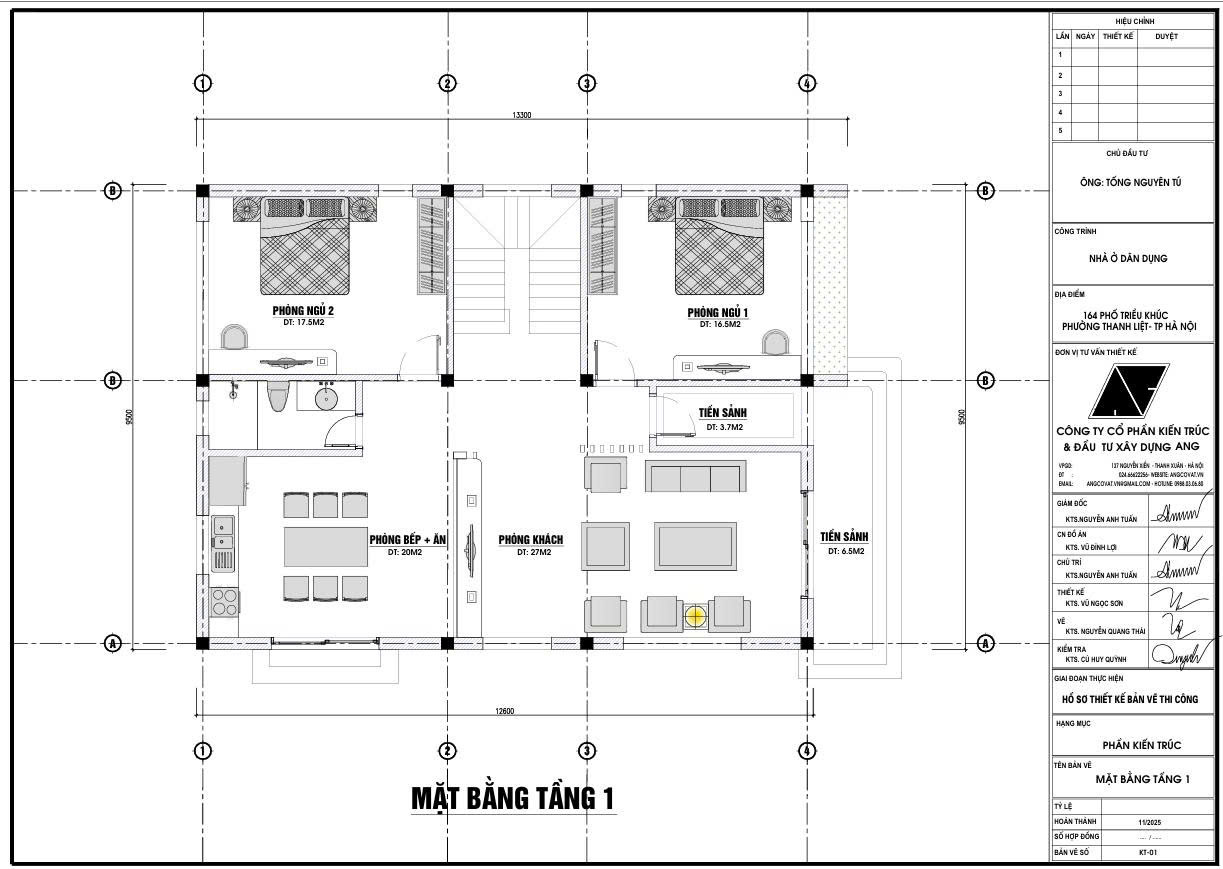 Mặt bằng nhà 9x13m 2 tầng 5 phòng ngủ đẹp 