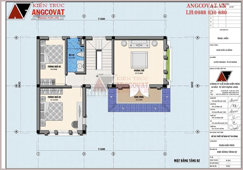 Mặt bằng tầng 2 thiết kế nhà 70m2 3 phòng ngủ kích thước 11x8m