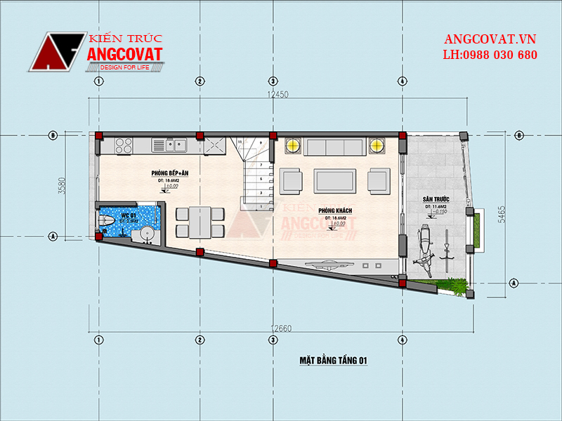 Mặt bằng công năng tầng 1 của thiết kế nhà 40m2