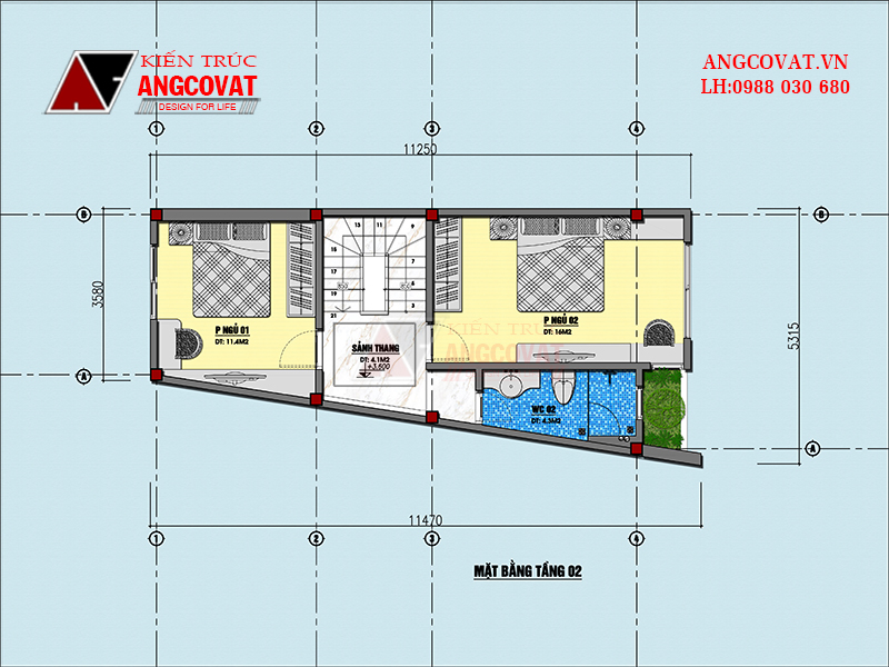 Mặt bằng công năng tầng 2 của mẫu nhà 40m2 đẹp, hiện đại