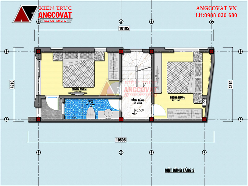 Thiết kế mặt bằng tầng 3 của công trình 40m2 4 tầng tại Hà Nội