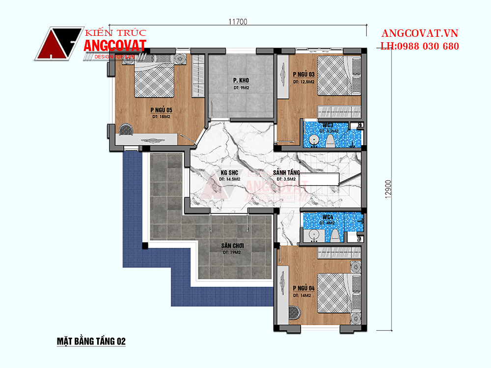 Thiết kế mặt bằng biệt thự 2 tầng 5 phòng ngủ