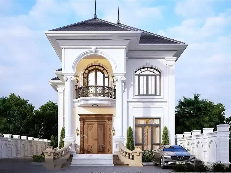 Mặt tiền nhà tân cổ điển mái Nhật sử dụng hệ trụ cột to, bề thế 