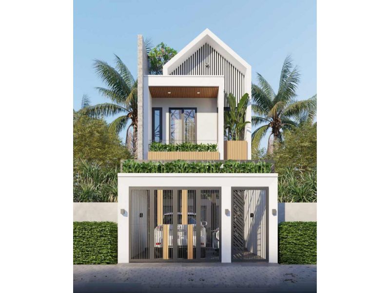 Kiến trúc nhà hiện đại có gara tích hợp khoảng sân trước nhà
