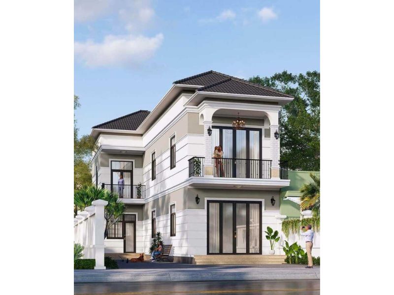 Không gian nhà 2 tầng chữ L có mặt tiền rộng 8m
