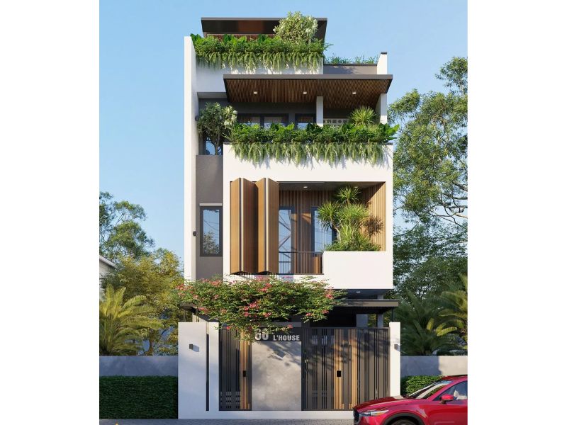 Mẫu nhà 3 tầng 80m2 kết hợp mảng xanh tự nhiên sinh động 
